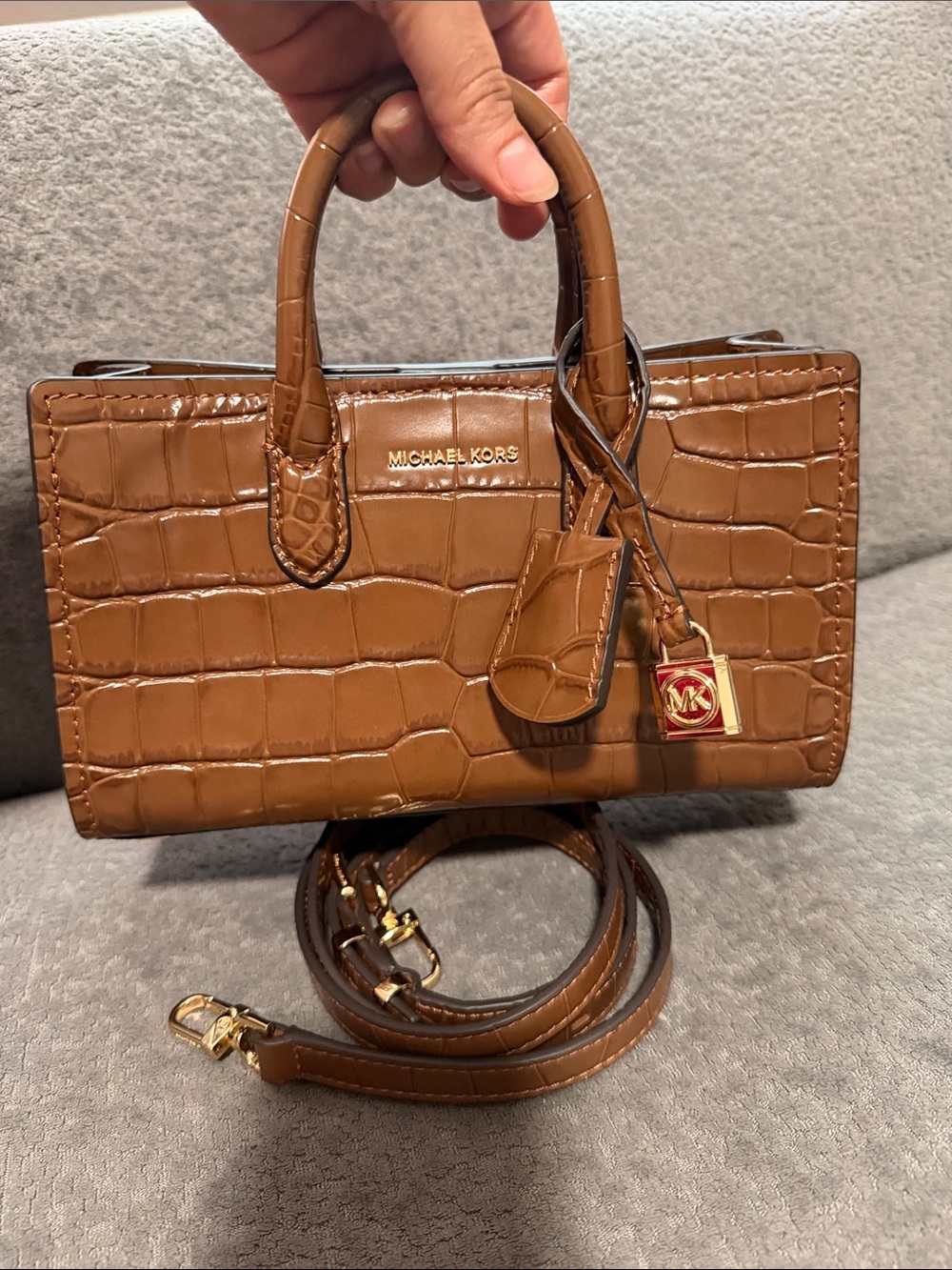Michael Kors Scarlett extra small Cognac Croc-Embossed Leather Satchel - Picture 5 of 7